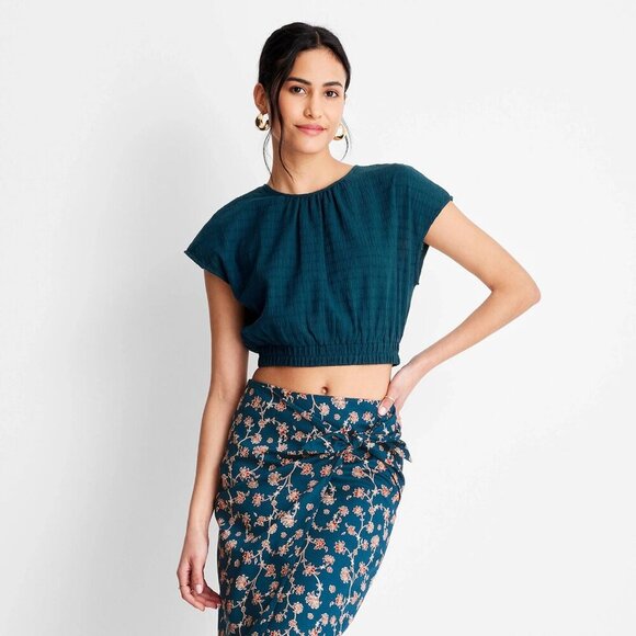 XXS - Womens Short Sleeve Cinched Crop Top - Future Collective - Teal Blue - Picture 2 of 6